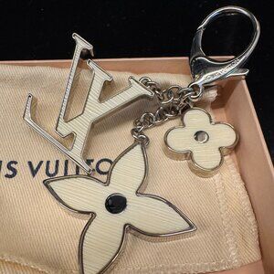 LOUIS VUITTON FLEUR DE MONOGRAM BAG CHARM KEY CHAIN EPI , CREAM AND SILVER